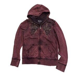 Vintage Y2K Sinful Hoodie Xl Women's Maroon Wings Feathers Gold Metallic